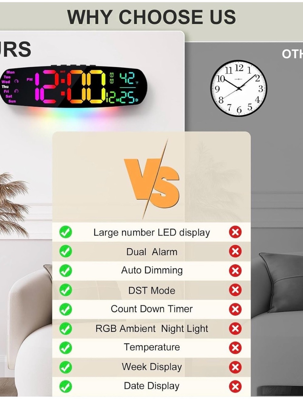 Large LED Digital Wall Clock - Multi-Color Display - Picture 7 of 12